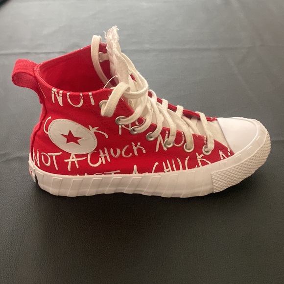 Red and white “not a chuck” high top Converse - Picture 5 of 9
